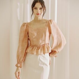 Storia Blush Puff Sleeve Lace Up Corset Style Blouse